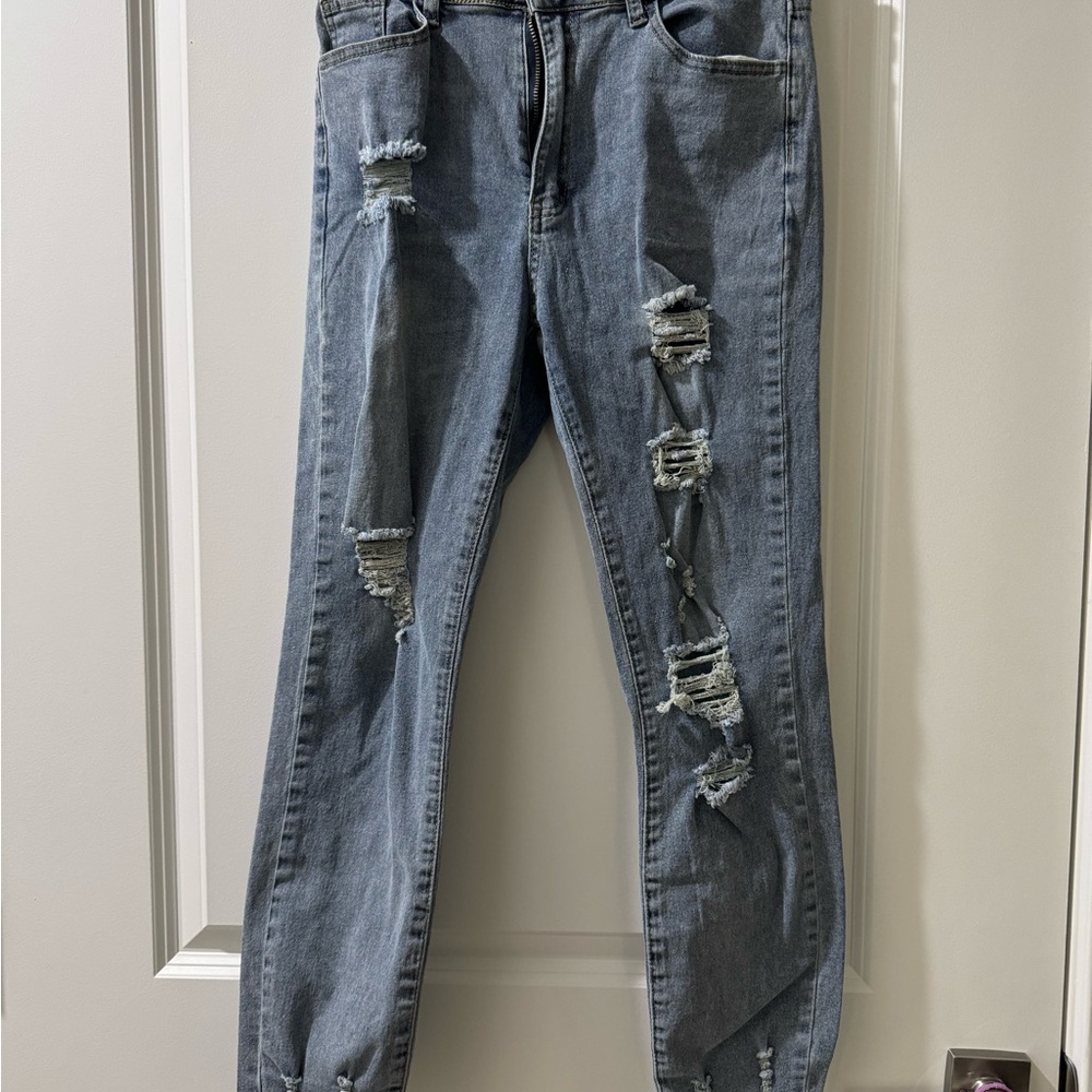 SHEIN Light Blue Distressed Boyfriend Jeans